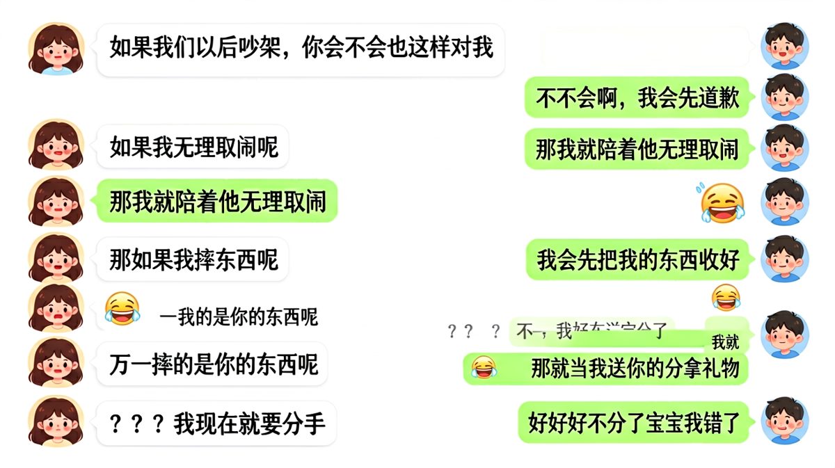 从甜蜜到翻车只用了三句话，男生求生欲满分。
