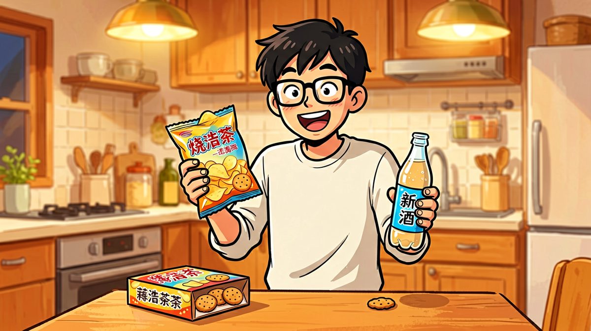 主角一手零食一手饮料，一脸得意地宣告歪理