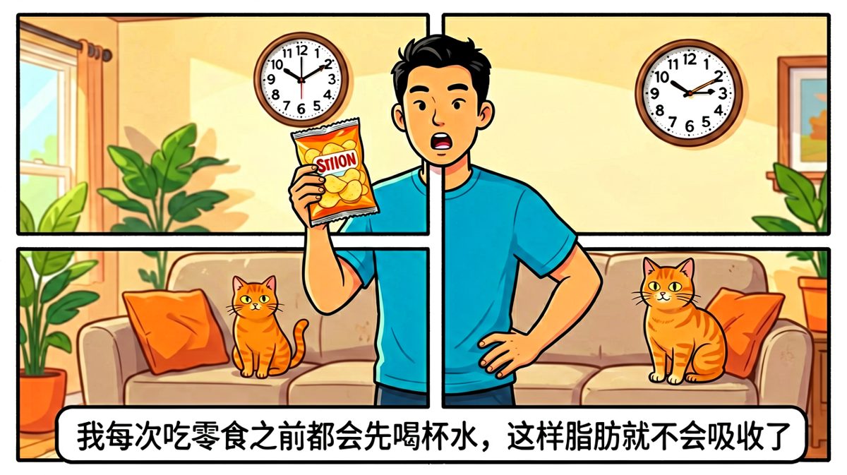 主角一本正经地给自己找借口，猫在一旁无语旁观