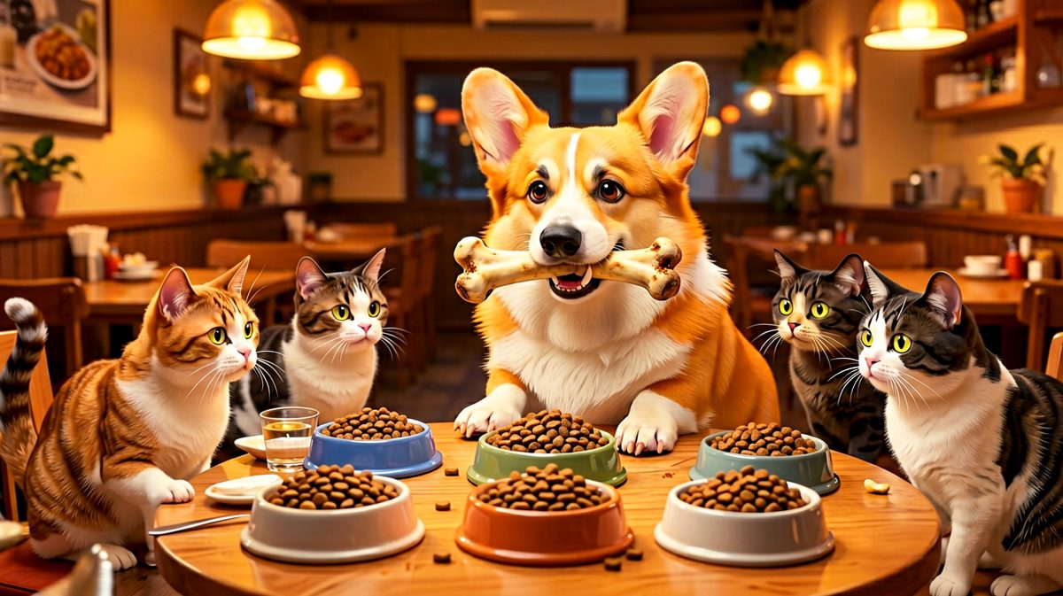 狗狗：这顿饭我请客！猫咪：我们不吃这个