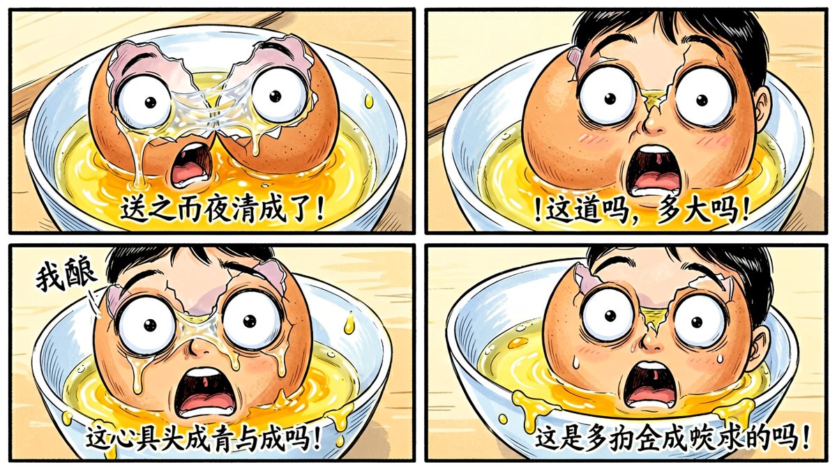糟糕！一大块蛋壳整块掉进了蛋液里。