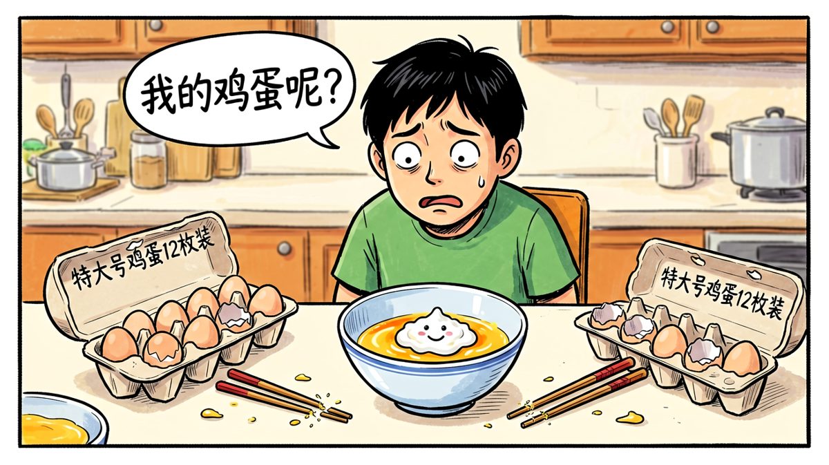 最终蛋壳捞走了，连同半个鸡蛋一起……只剩空碗和心碎的主角。