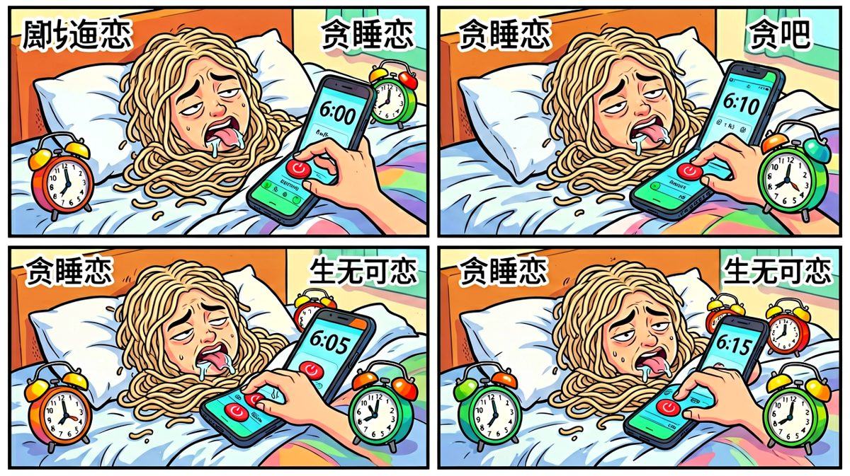 然而五分钟后，闹钟一个个被按掉，主人公在梦的边缘反复横跳
