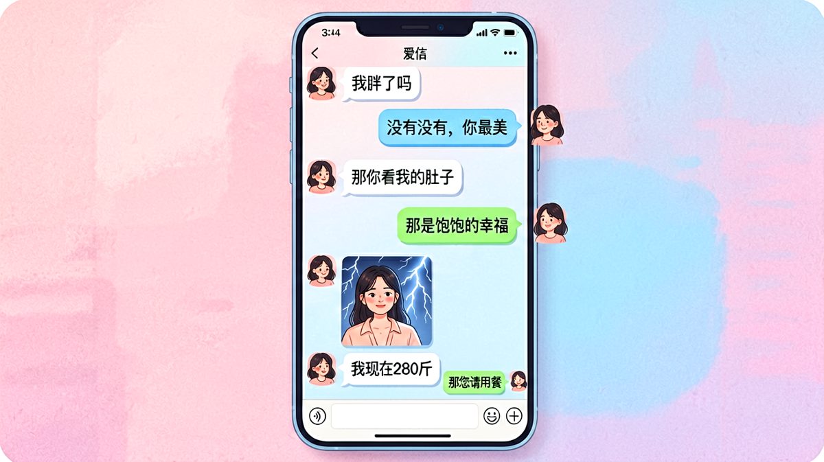 女生问胖没胖，男生疯狂彩虹屁，反转是女生自称280斤后的社死。