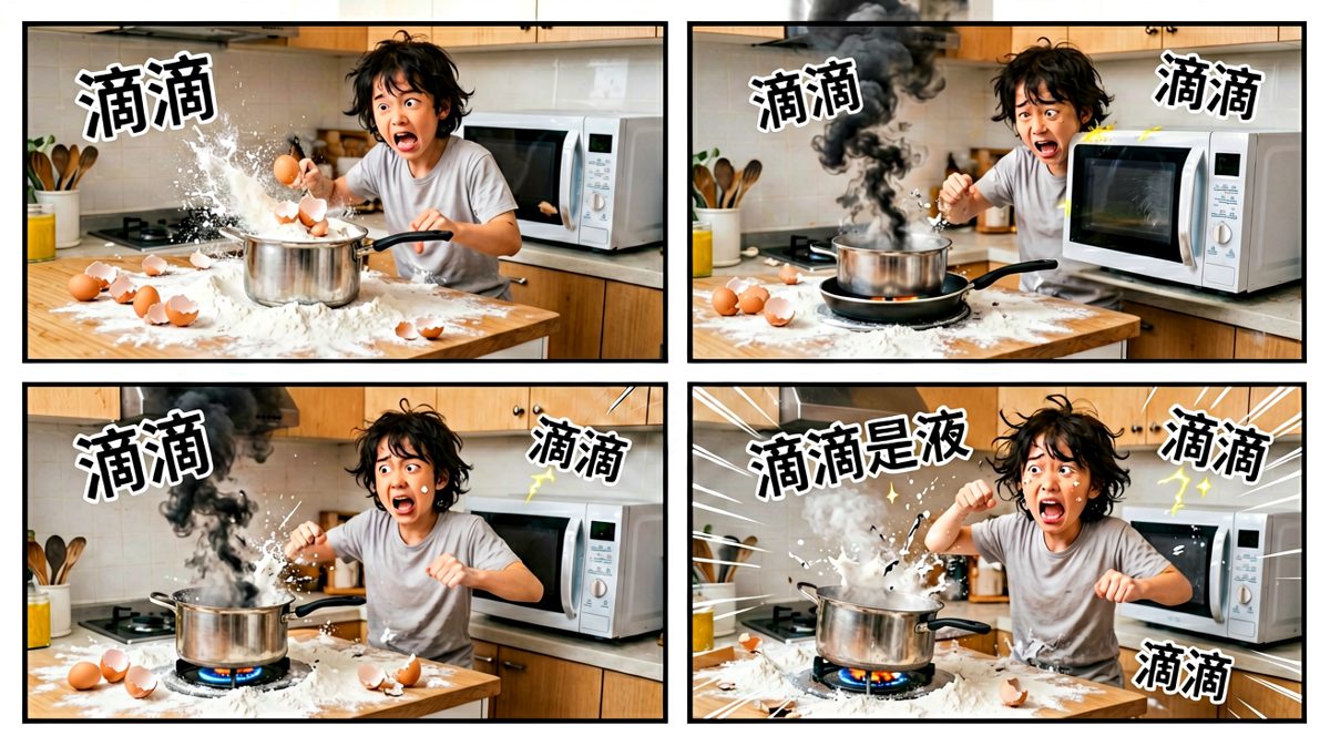 做饭现场彻底失控，主角陷入一片混乱