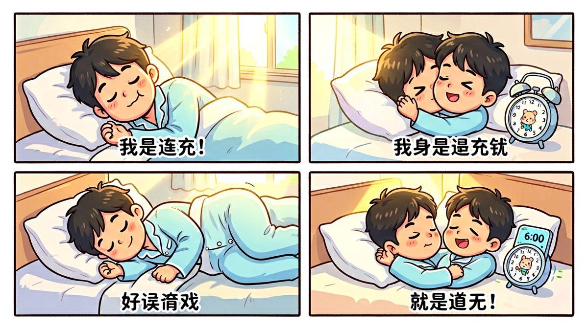 闹钟响起，主角还在呼呼大睡中
