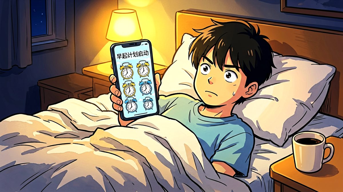 第一格：深夜雄心万丈，一口气设了六个闹钟，誓要改变人生。