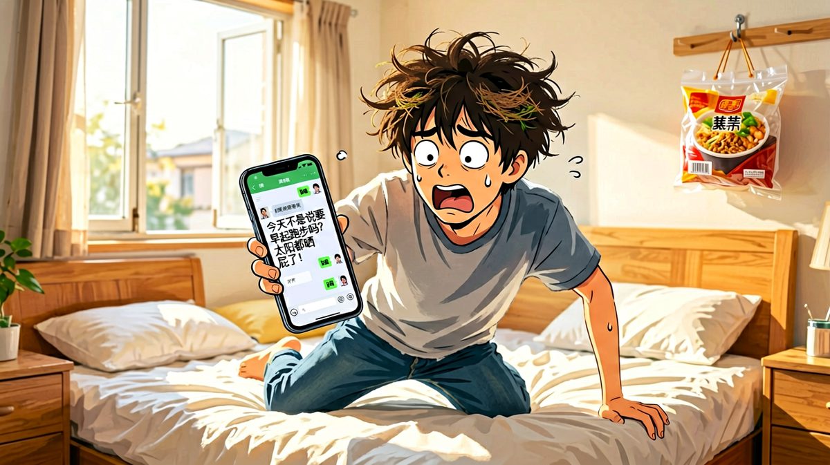 第四格：一觉睡到中午，收到朋友灵魂拷问……早起计划，卒。