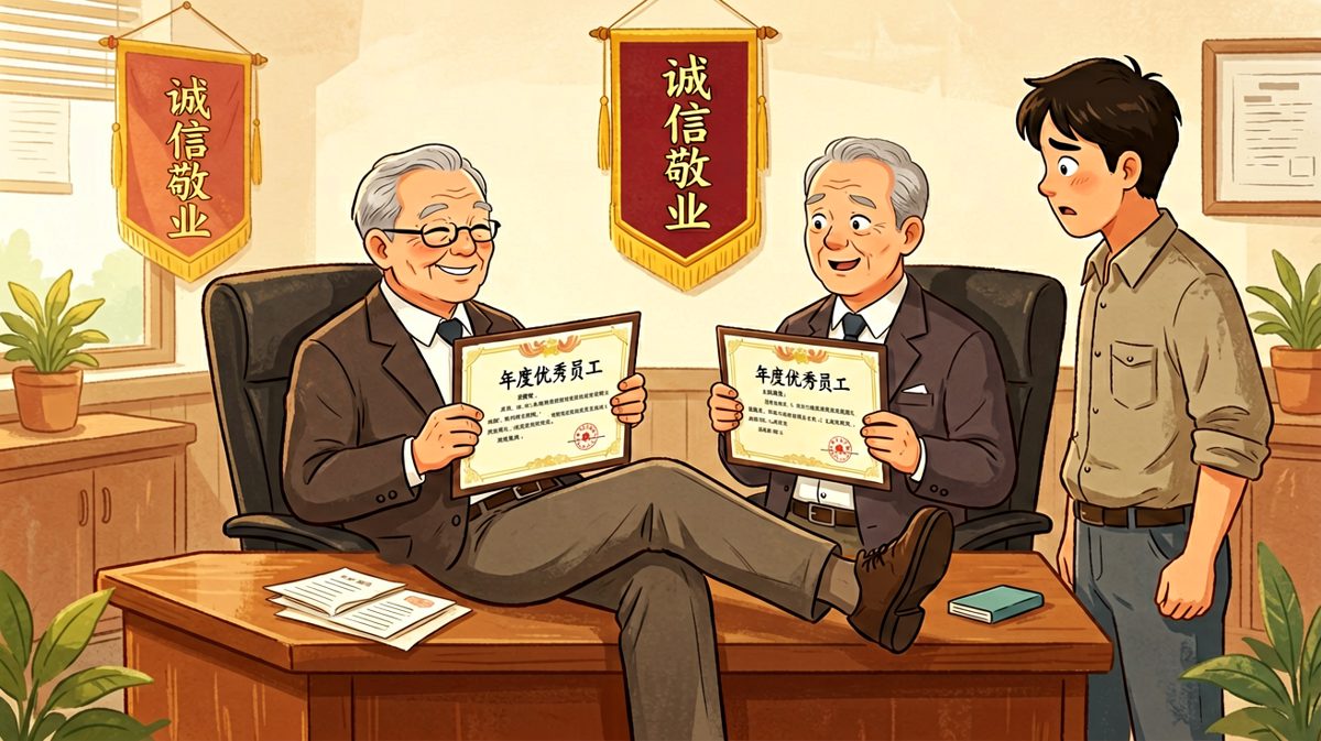 老板递过奖状：'这是公司给你的年度优秀员工奖励！'员工激动打开——奖状背面写着一行小字：'奖励带薪拉屎名额一次，有效期当天。'