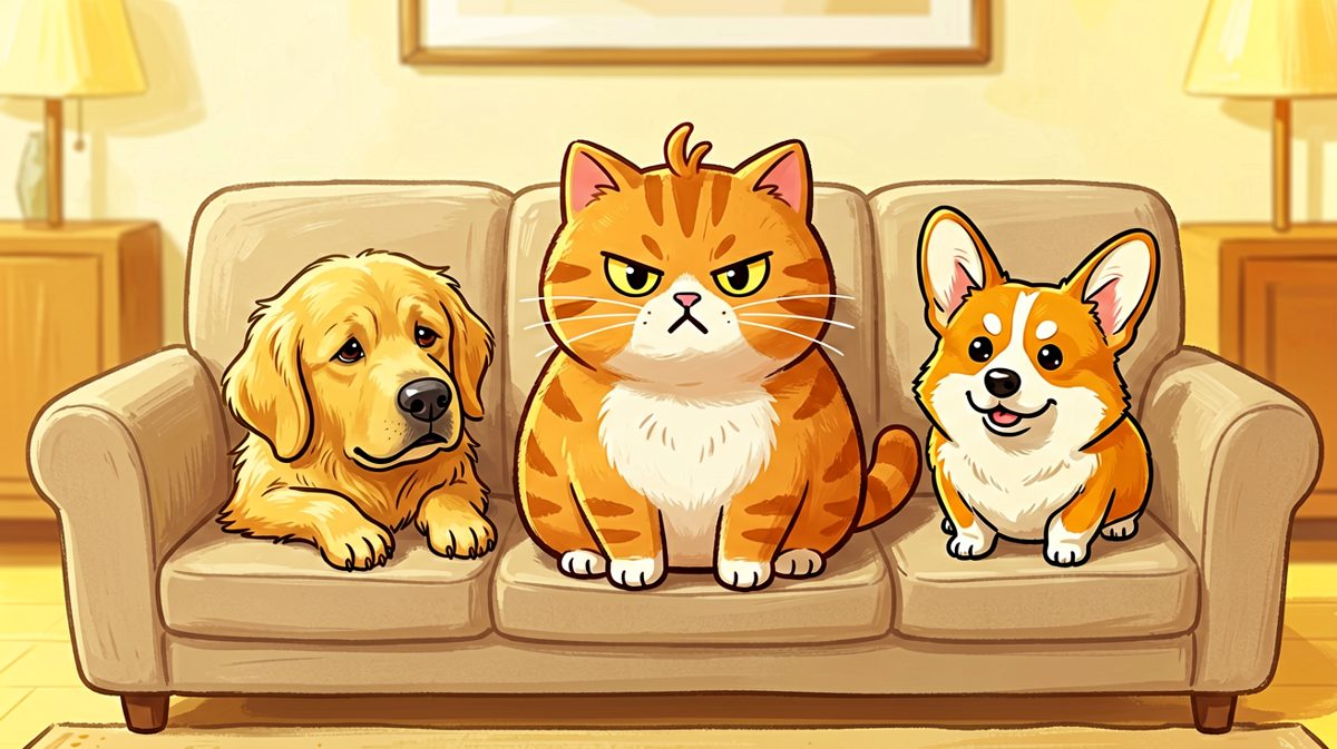 橘猫霸占沙发C位，两个狗子沦为沙雕观众