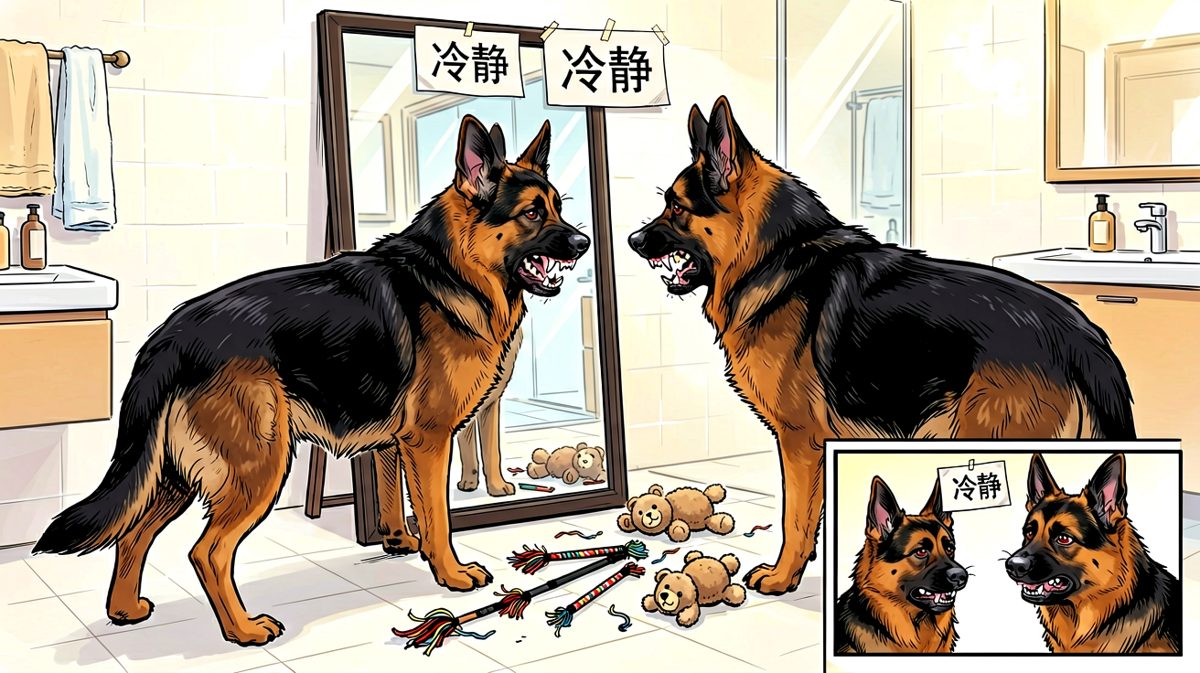 德牧跟镜子里的自己打了一架，然后怂了