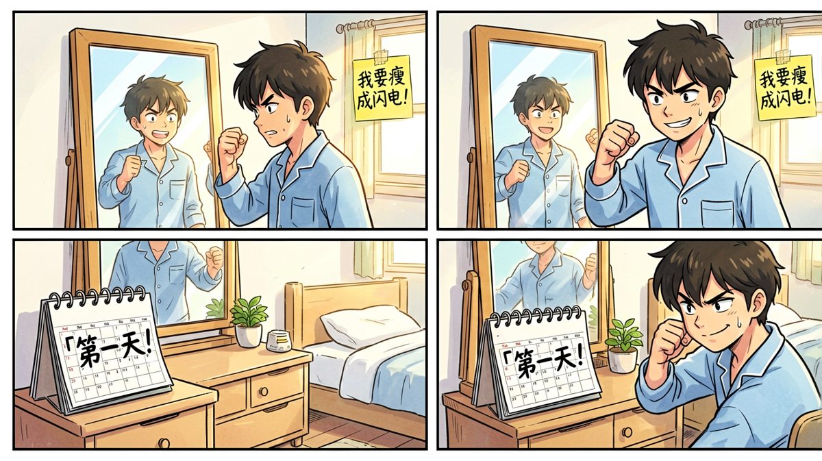 雄心勃勃的减肥第一天，主角对自己立下豪言壮语。