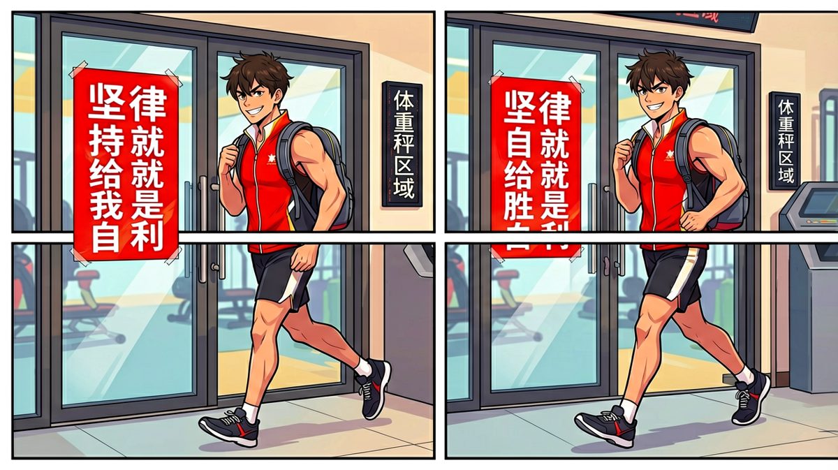 装备齐全，气势如虹，主角昂首挺胸踏入健身房。