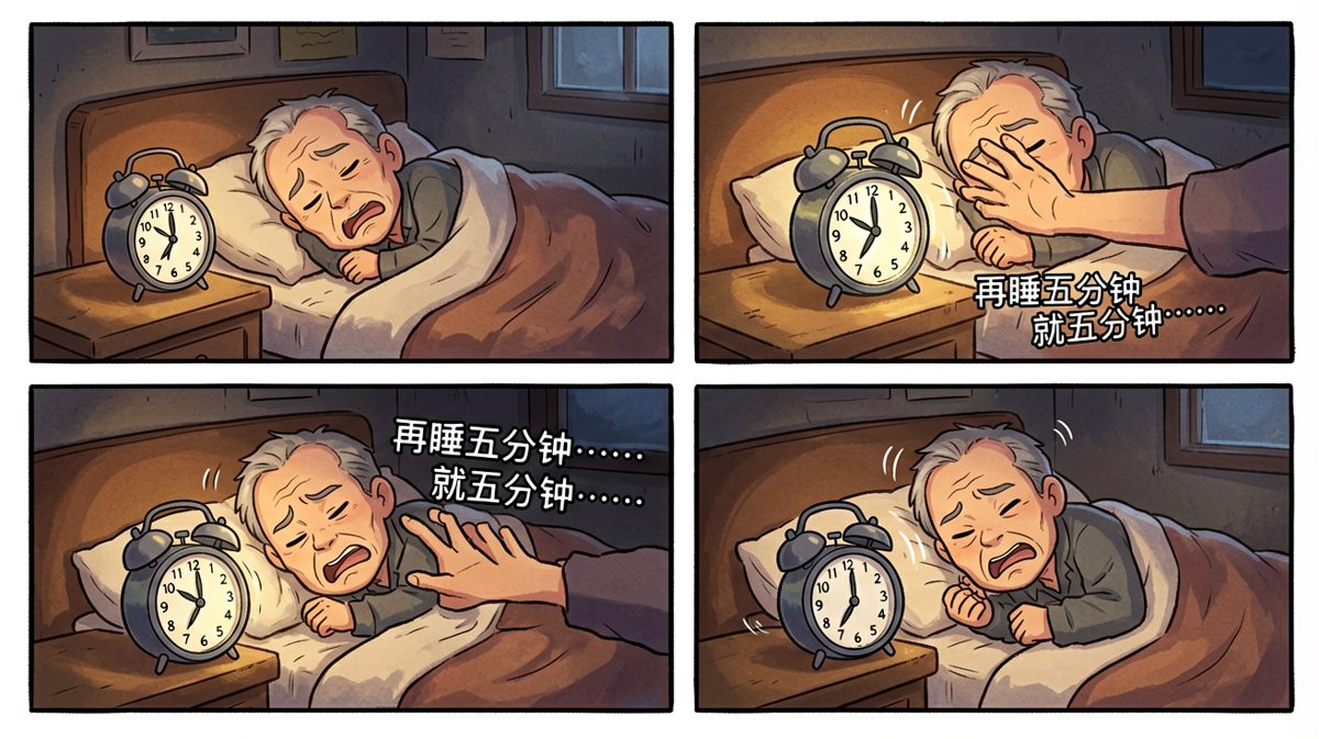 闹钟响起，老张决定再睡五分钟
