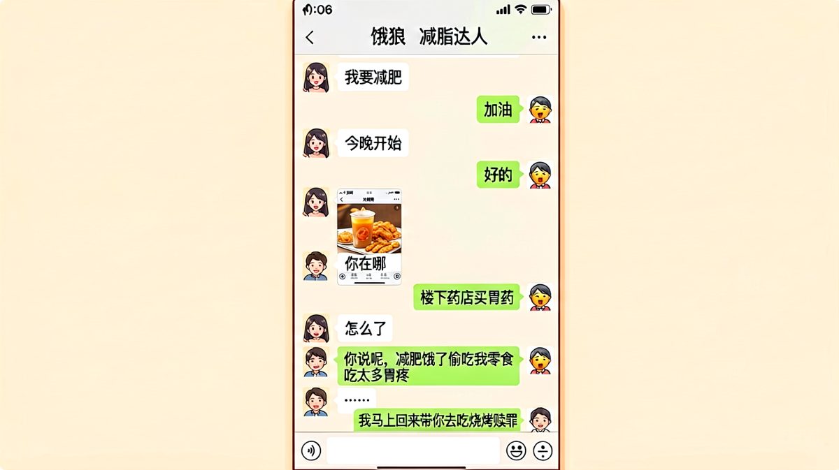 减肥宣言三小时破产，两人联手偷吃还说胃疼，最后反向约烧烤