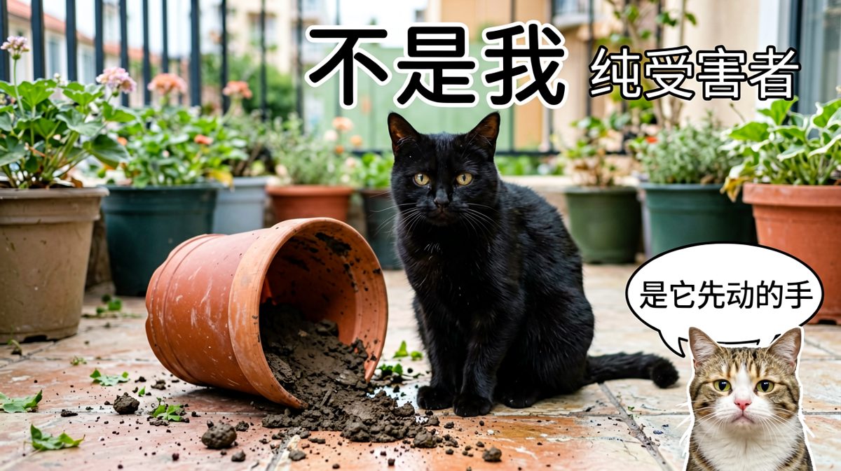 猫咪演技：花盆自己跳下来的！