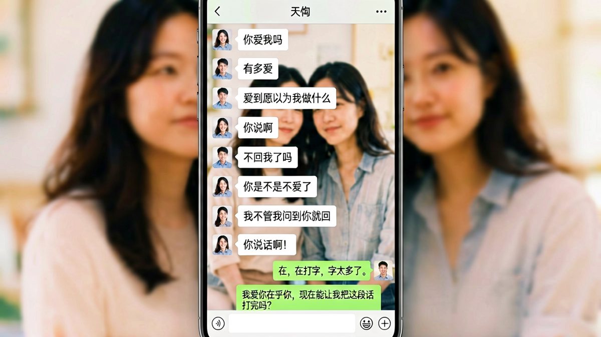 女友连环夺命追问，男友苦撑五分钟回一句——'在，在打字，字太多了。'