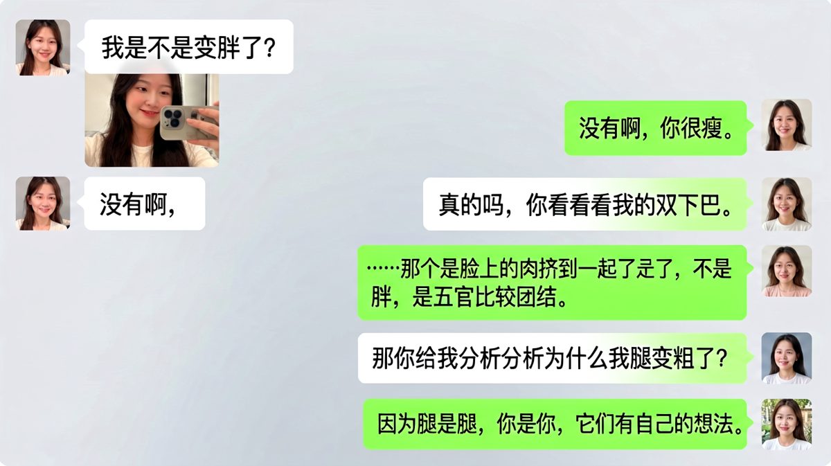 女友灵魂拷问颜值危机，男友用'五官团结''腿有自己的想法'这种离谱比喻强行续命。
