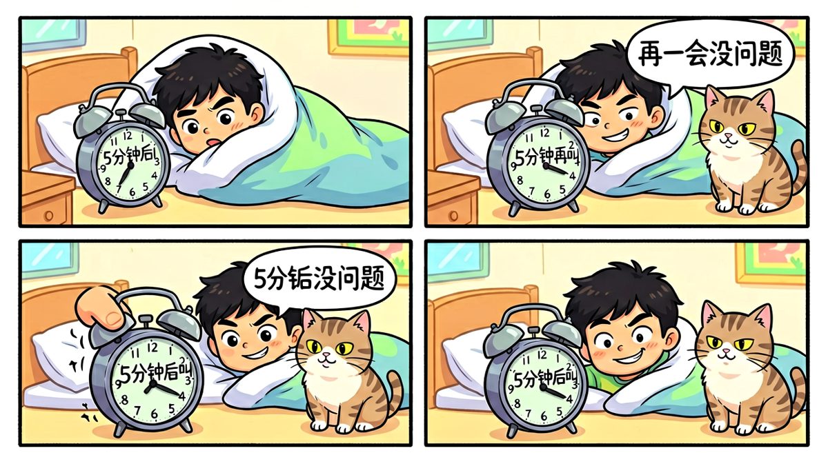 按掉闹钟，再赖五分钟