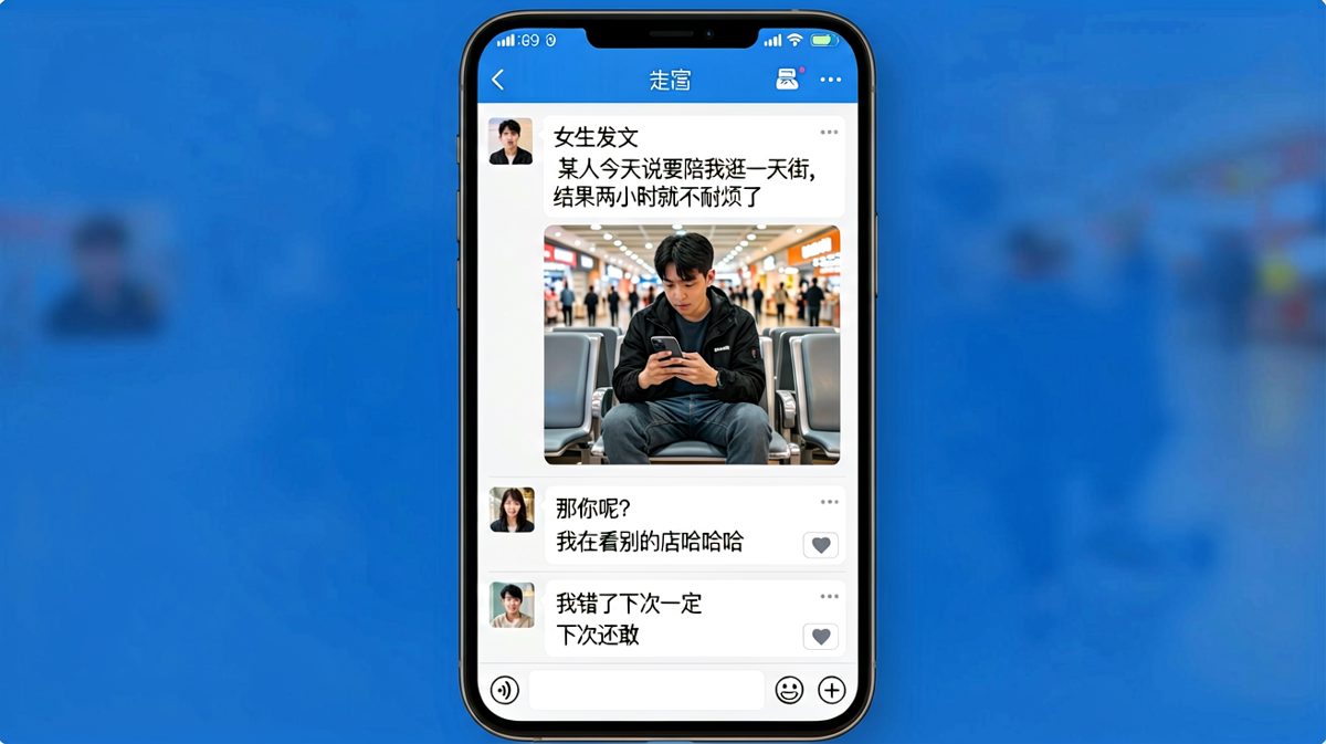 朋友圈发文吐槽男友逛街没耐心，结果反向翻车