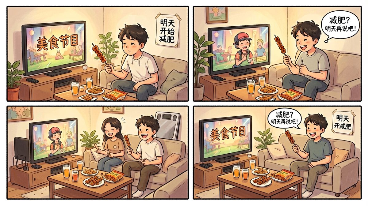 边吃烧烤边看电视，减肥明天再说