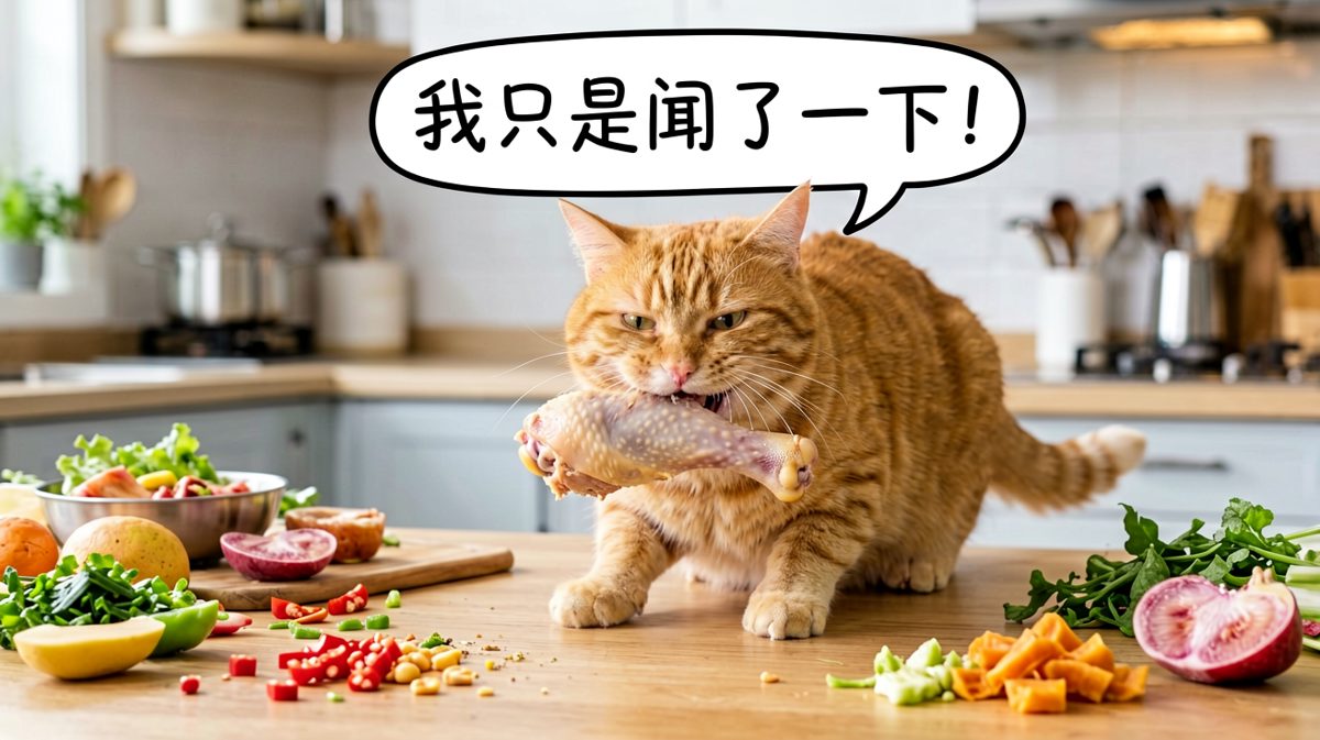 偷吃被当场抓获，猫咪嘴硬不承认
