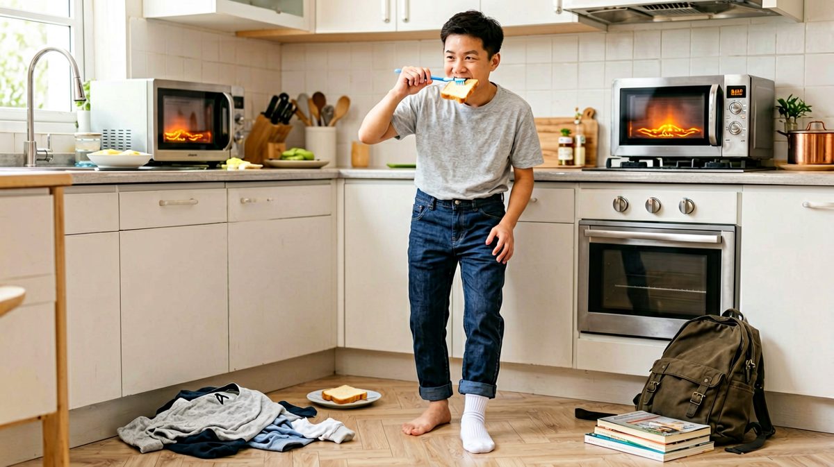 极限操作：边洗漱边吃早饭