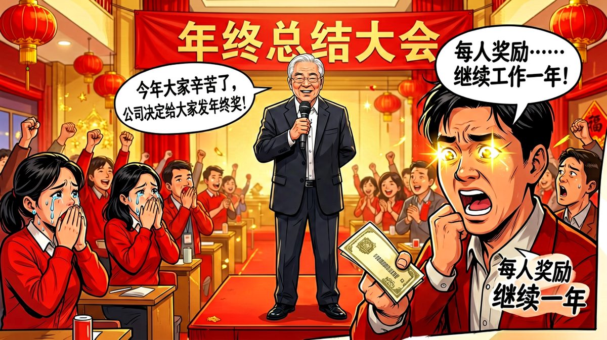 老板宣布发年终奖，全场欢呼，结果奖励的是'继续打工一年'，员工从天灵盖红到脚底板。