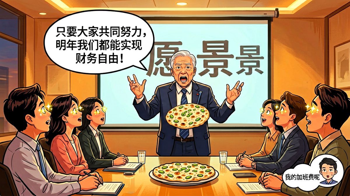老板画饼，员工接盘，只有打工人知道饼里没有馅