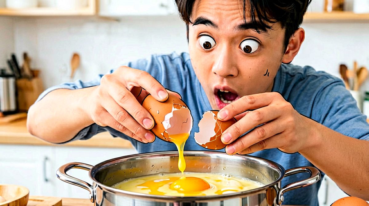第二格：蛋壳掉进去了！