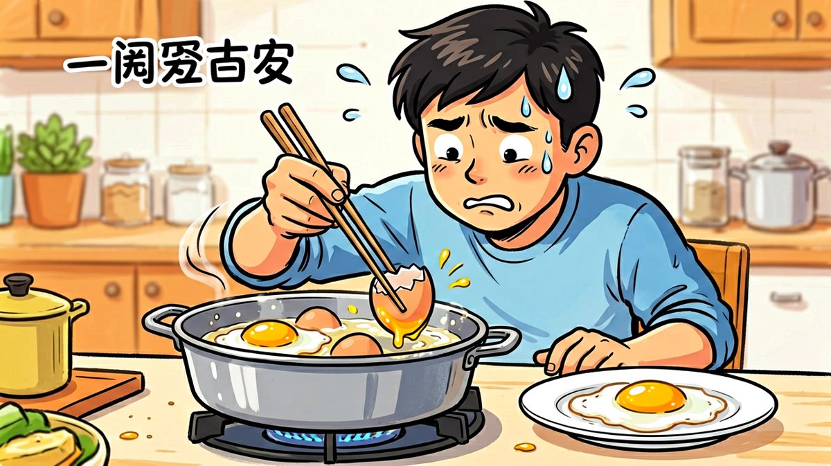 第三格：捞蛋壳，顺手把蛋黄也捞出去了