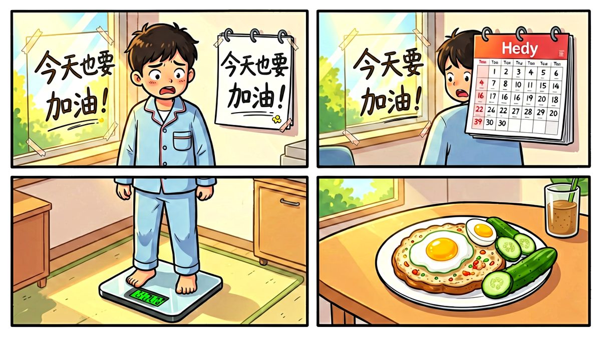 早起称体重，看到数字瞬间崩溃，决心开始减肥。