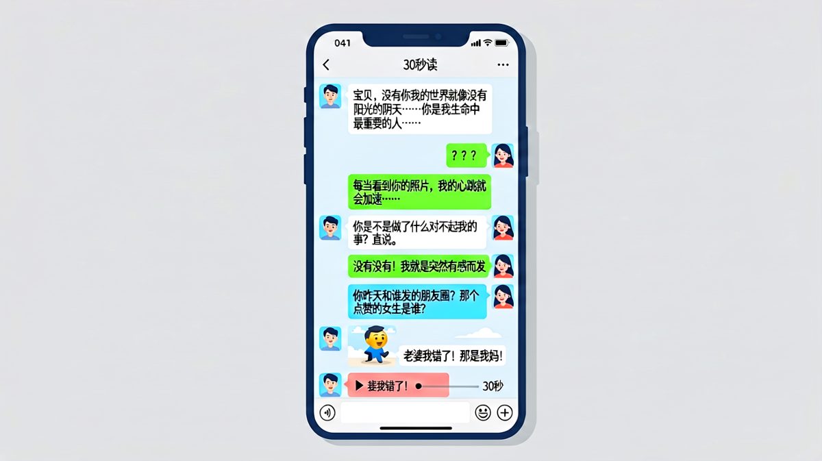 男友突然肉麻深情告白，女友瞬间警觉，原来是在试探昨天点赞女同事的事，结果30秒语音还没敢听。