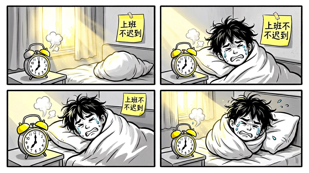 闹钟响起，打工人困得无法醒来