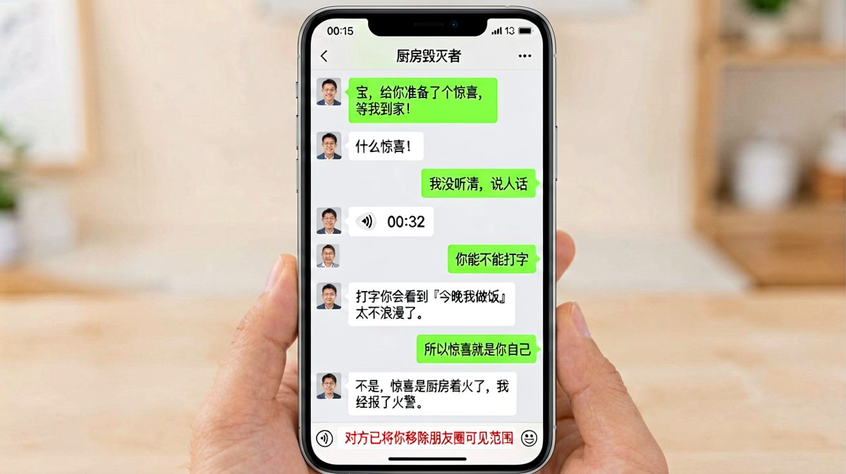 精心准备的「惊喜」= 厨房报警短信和一条朋友圈拉黑。