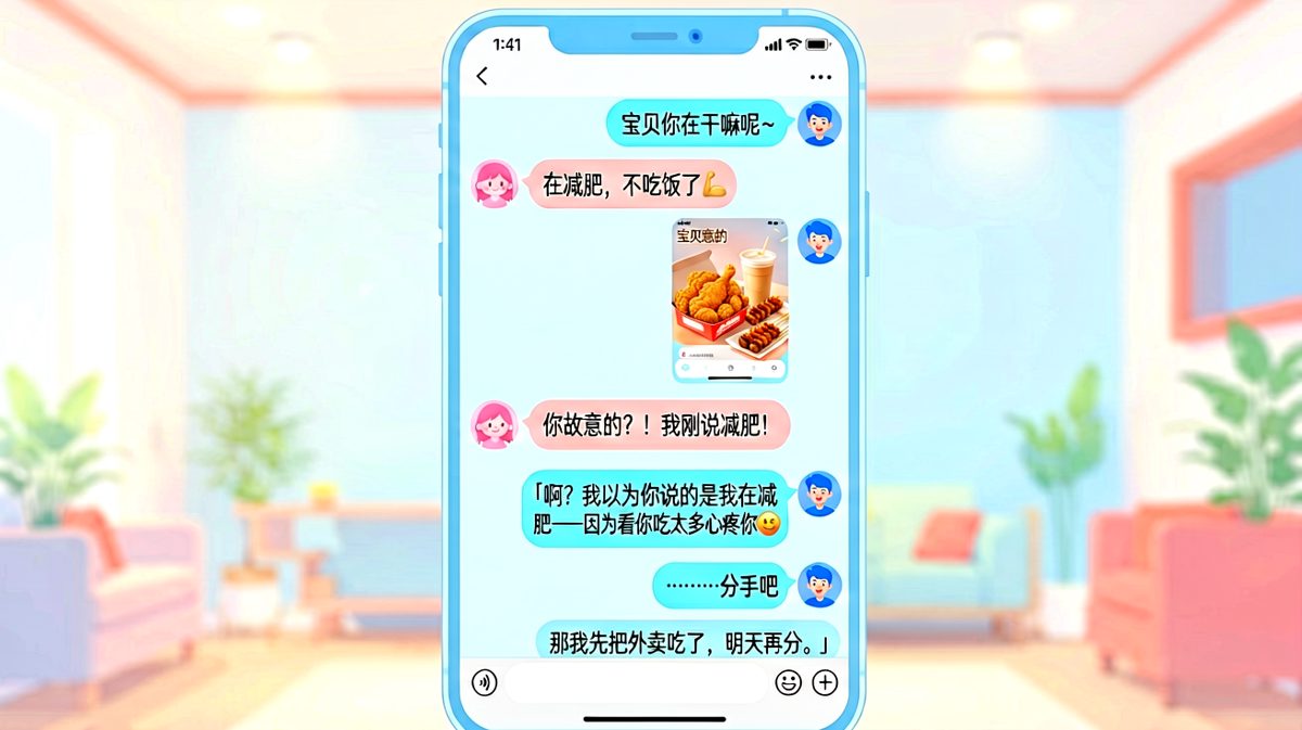 女生说减肥，男生理解成自己在减肥，最后以点外卖收尾