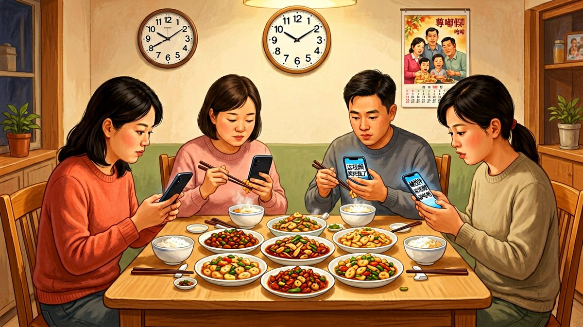 一家人整整齐齐，各刷各的手机