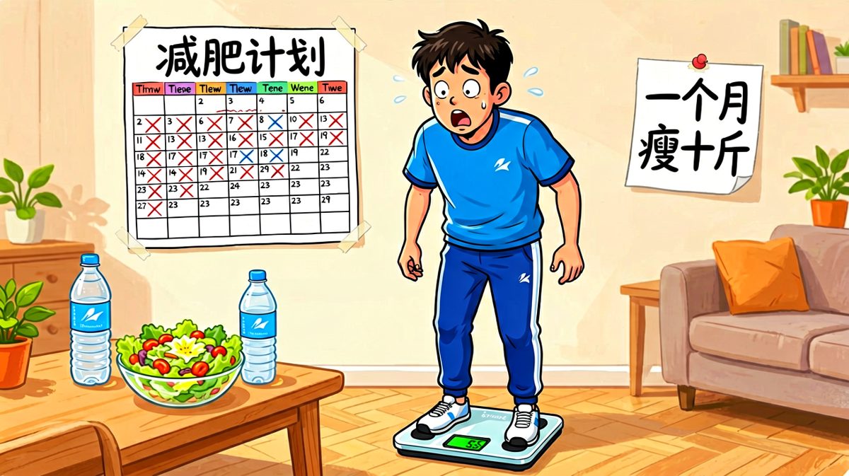 看到体重数字，主角下定决心开始减肥。