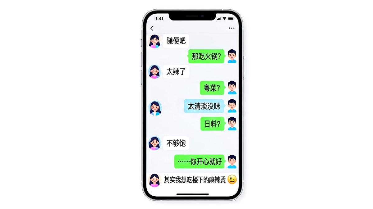 女生说随便之后，男生经历了三轮崩溃式推荐，最终发现她只是想吃麻辣烫。