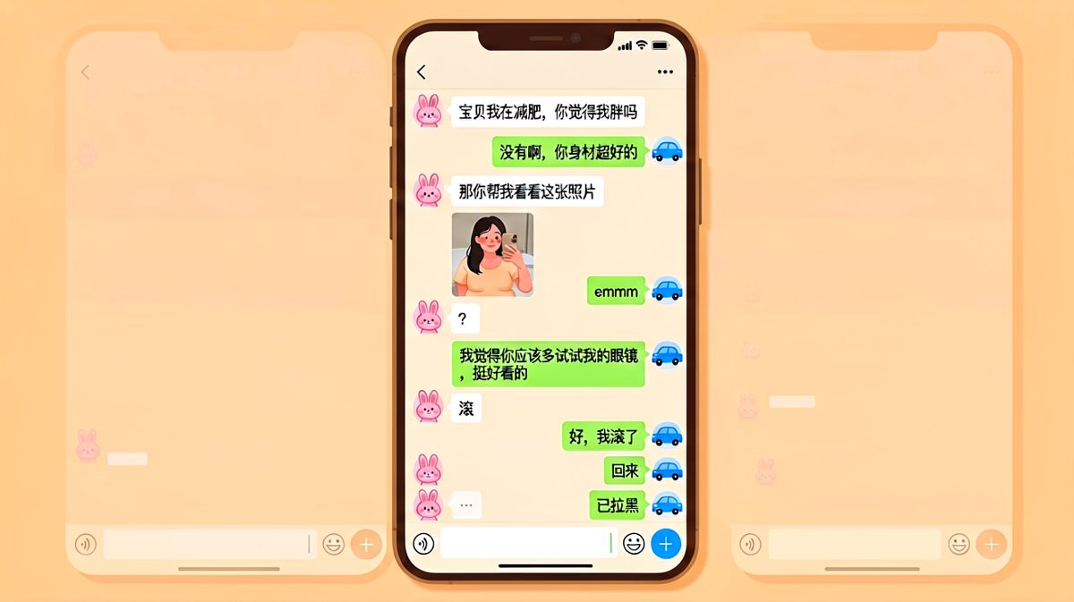 女生问胖不胖，男生反手一句'试试我的眼镜'直接拉黑收场。