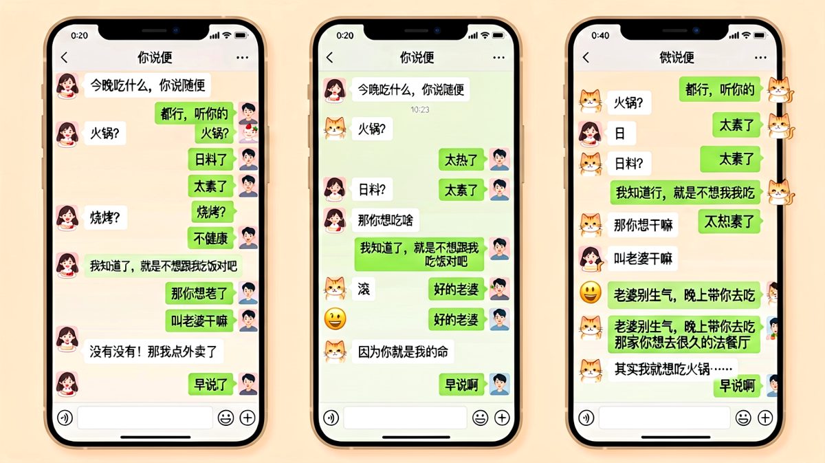 说随便的女生才是真饿，最后坦诚只想吃火锅，男生全程陪演。