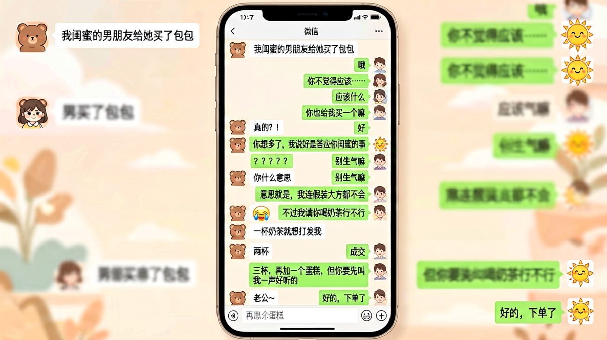 女生借闺蜜试探要包包，男生反向操作，三杯奶茶加蛋糕换一声老公。