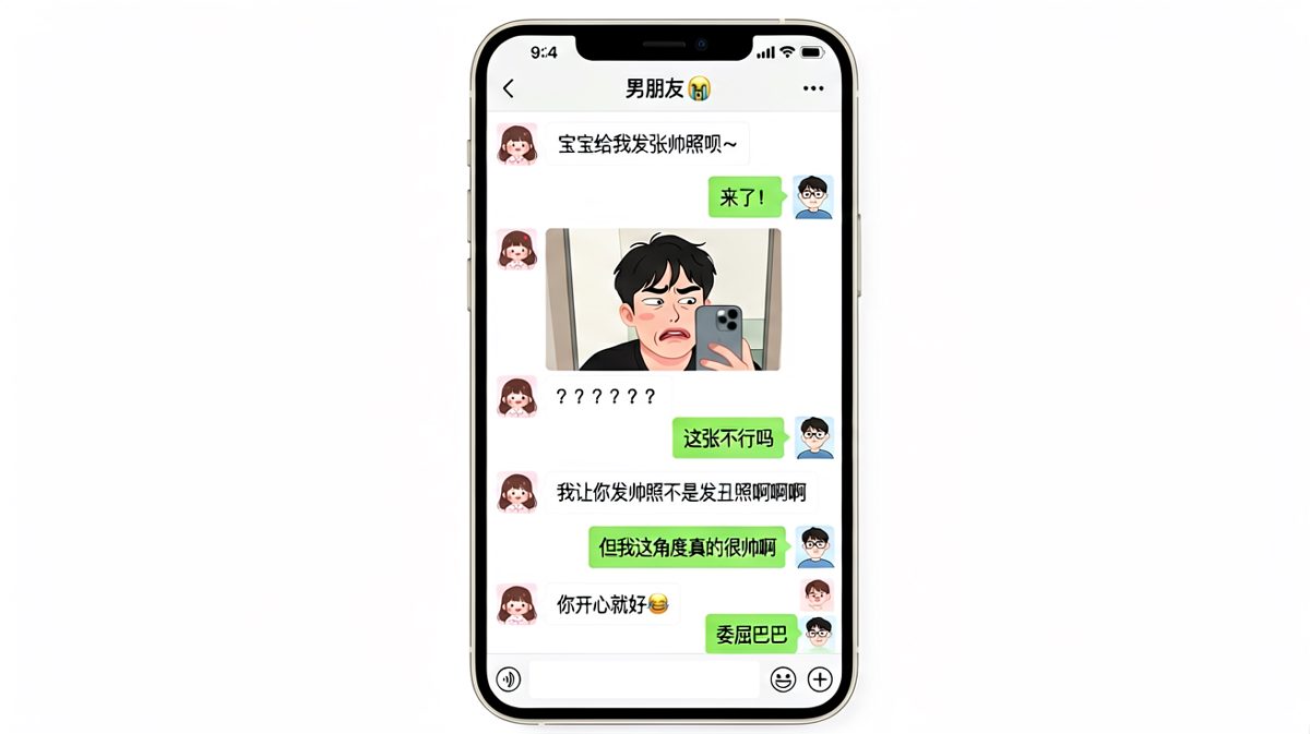 男生自以为很帅的自拍却让女友崩溃，直男审美引发的笑料现场。
