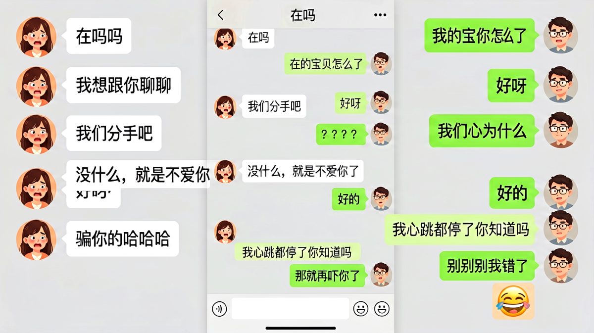 女生恶作剧说分手，男生反应笑死人
