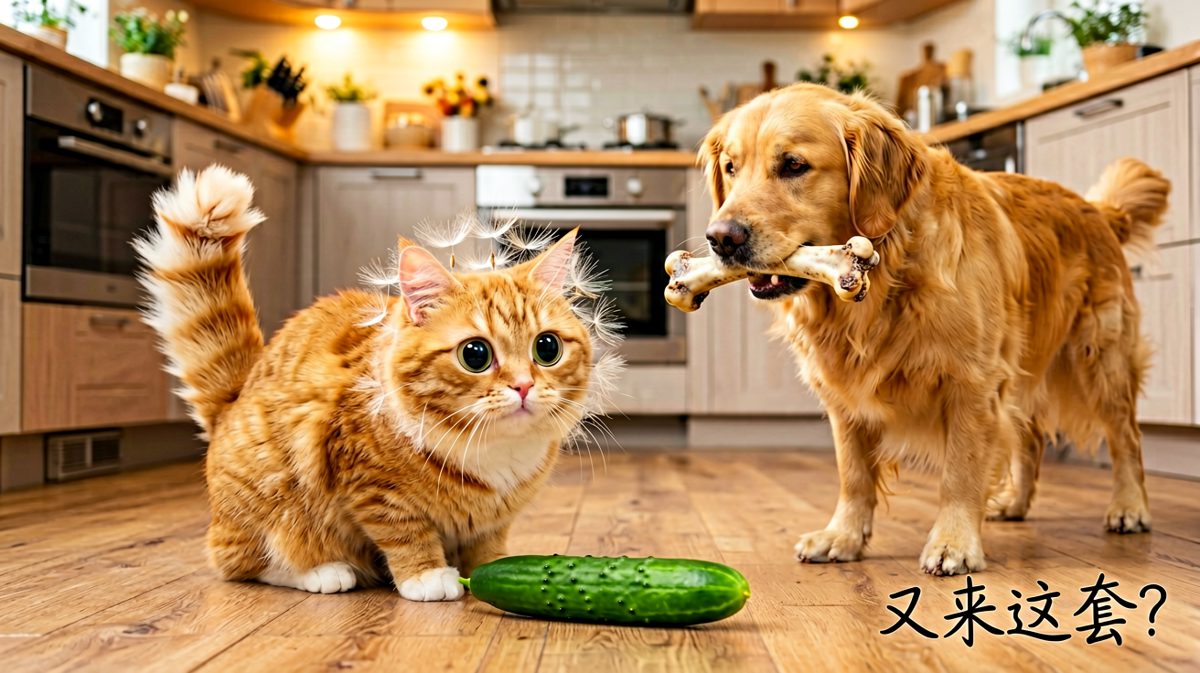 猫咪被黄瓜吓到炸毛，狗狗在一旁看热闹不嫌事大