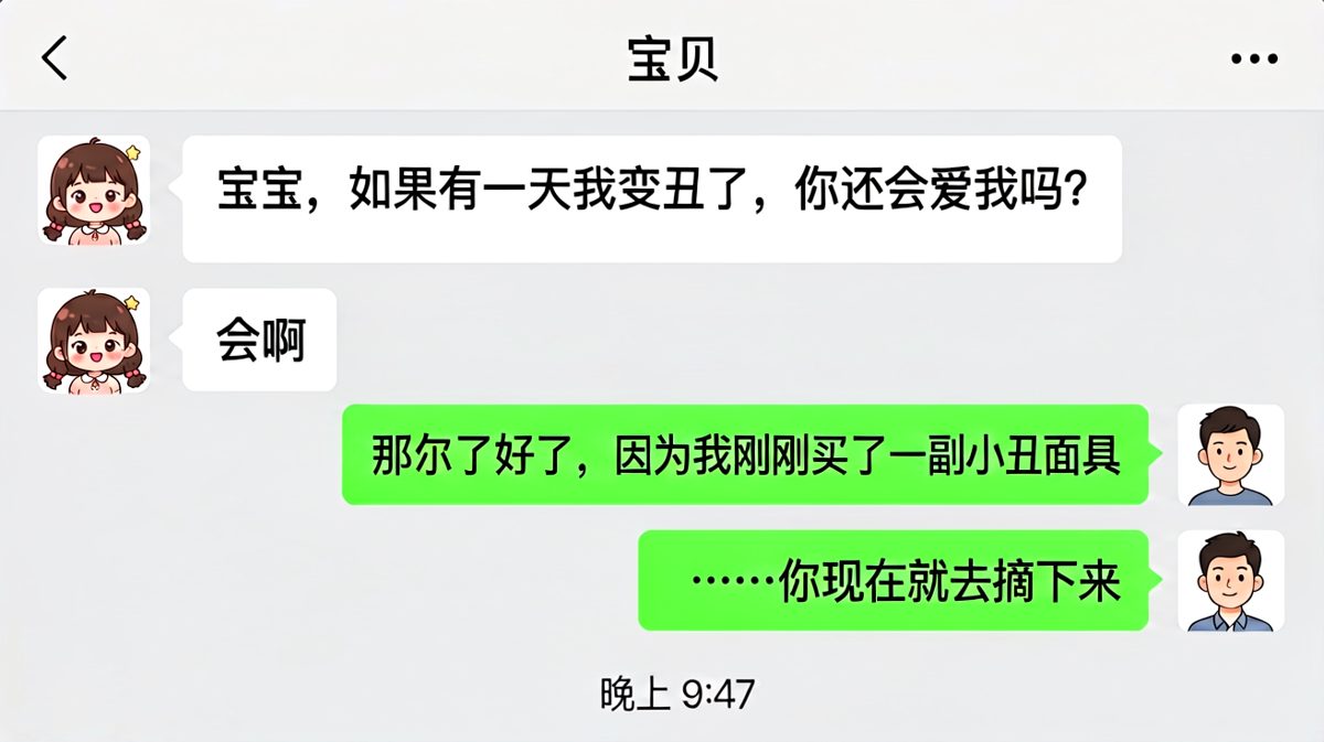 男生试探性问变丑了还爱不爱，女生秒答会，结果被反将一军。