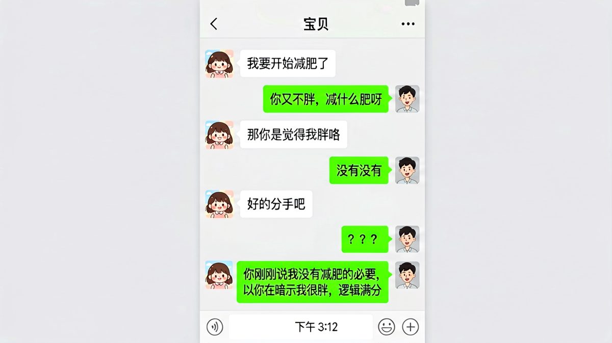 女生一句减肥引发连环逻辑陷阱，男生彻底掉坑里出不来。