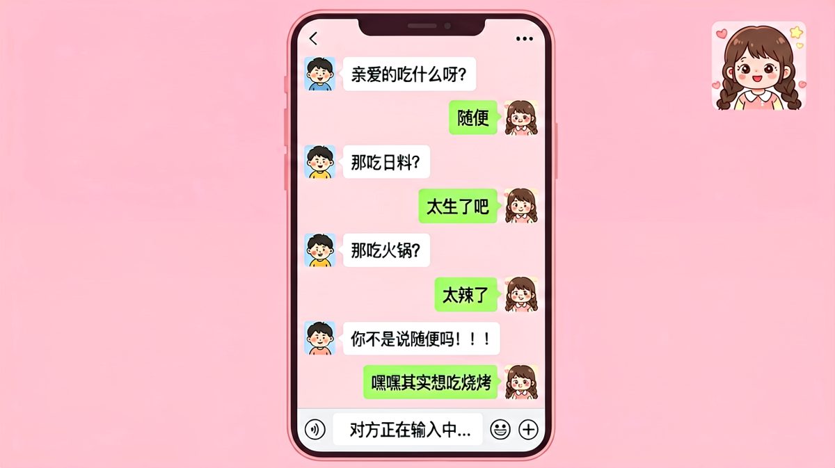 经典的'随便'陷阱：男生选了三次都被否决，最后暴露真实意图是烧烤。