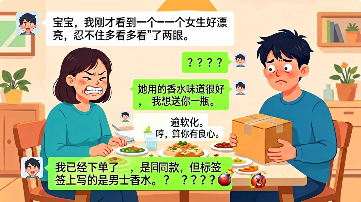 想哄女朋友却反被刺中，男士香水成为压死骆驼的最后一根稻草。