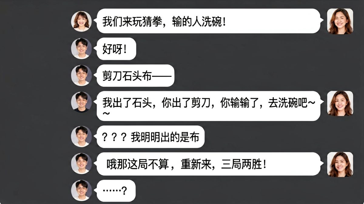 猜拳翻车现场，女生用「重新来」无限续命，男生已放弃治疗。
